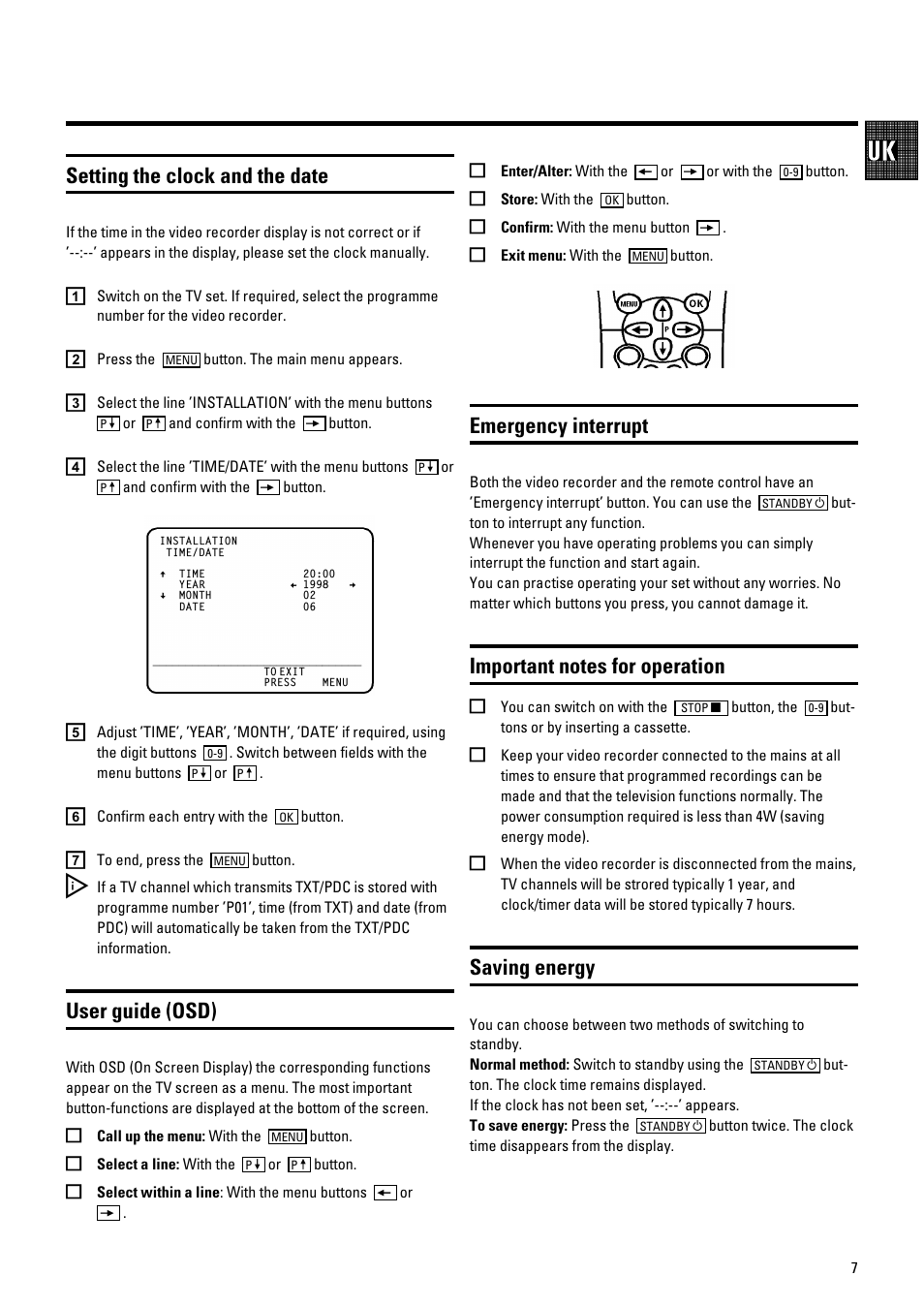 Setting the clock and the date, User guide (osd), Emergency interrupt | Saving energy | Pioneer VR805/07 User Manual | Page 7 / 24