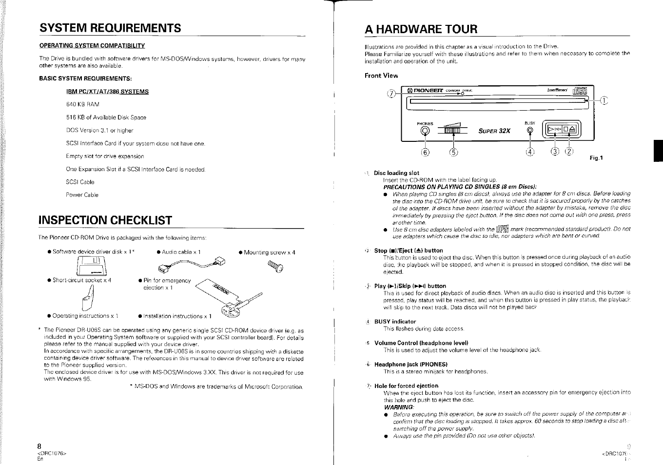 Inspection checklist, System requirements, A hardware tour | Pioneer CD-ROM Drive DR-UO6S User Manual | Page 2 / 8