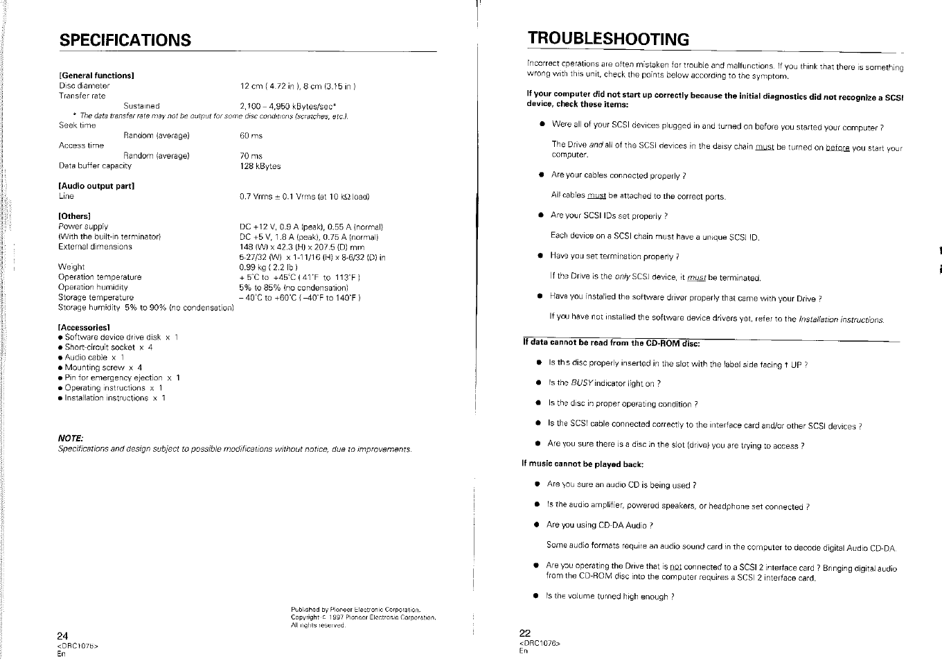 Spectfications, Troubleshooting, Spectfications troubleshooting | Pioneer CD-ROM Drive DR-UO6S User Manual | Page 8 / 8