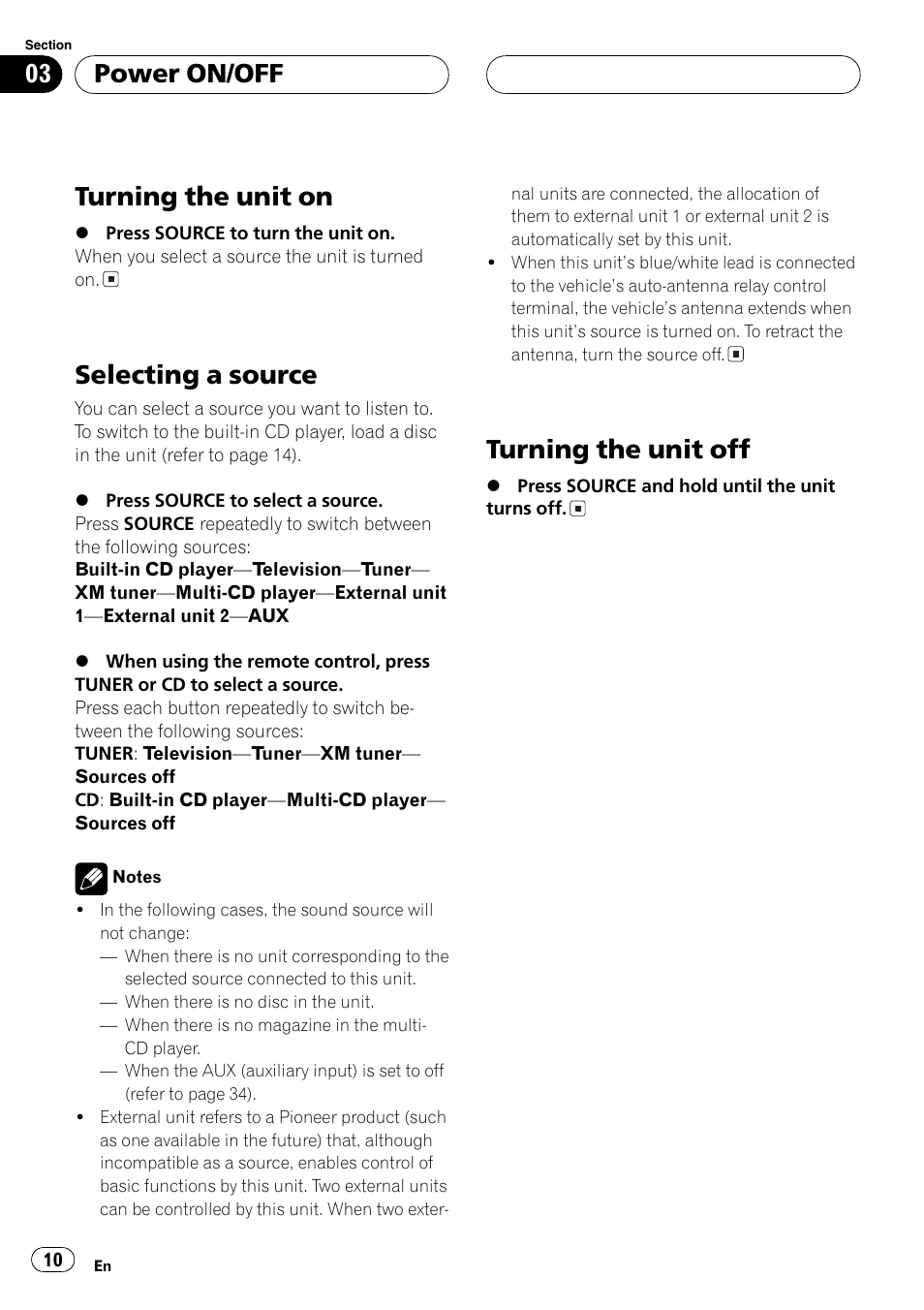 Power on / off, Selecting a source, Turning the unit on | Turning the unit off, Power on/off | Pioneer DEH P3700MP User Manual | Page 10 / 51