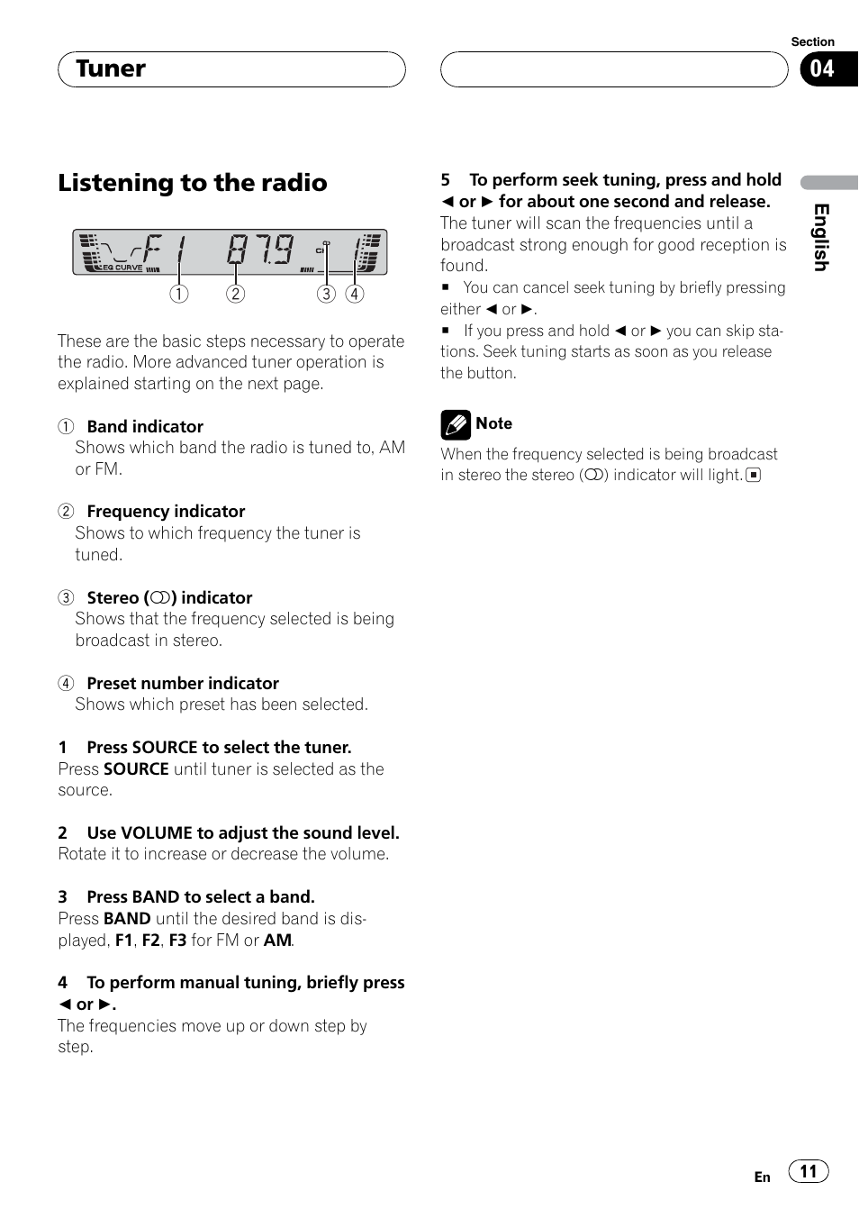 Tuner operation, Selecting as the source, Volume | Band, Manual / seek tuning, Listening to the radio, Tuner | Pioneer DEH P3700MP User Manual | Page 11 / 51
