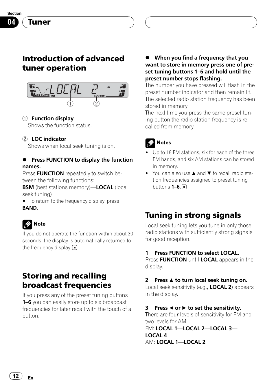 Storing / recalling presets, Tuning strong stations, Introduction of advanced tuner operation | Storing and recalling broadcast frequencies, Tuning in strong signals, Tuner | Pioneer DEH P3700MP User Manual | Page 12 / 51