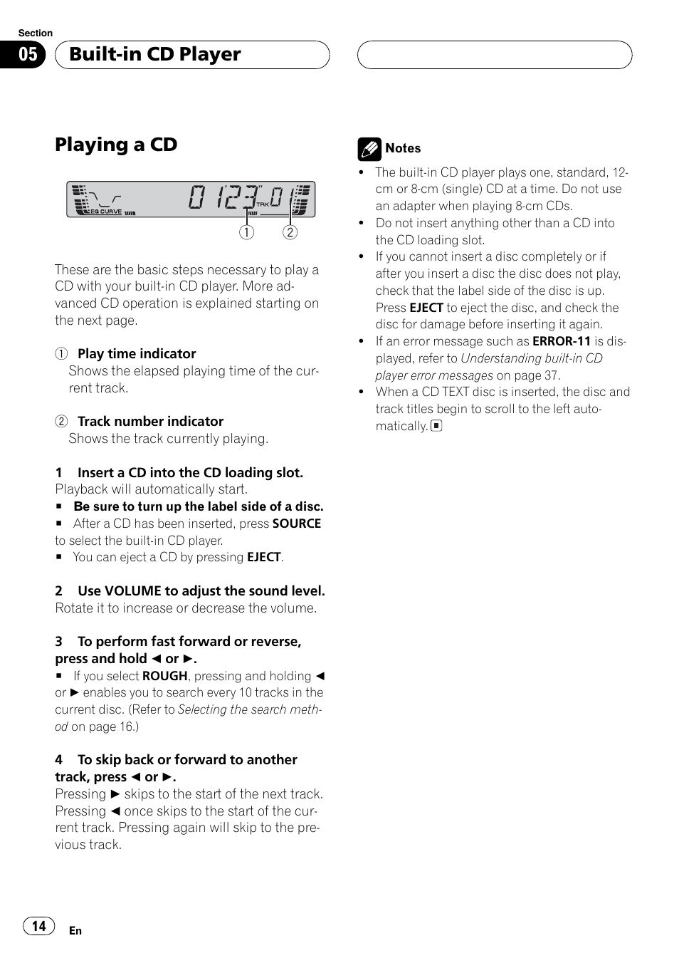 Cd operation, Loading a disc, Volume | Fast forward / reverse, Track forward / back, Playing a cd, Built-in cd player | Pioneer DEH P3700MP User Manual | Page 14 / 51