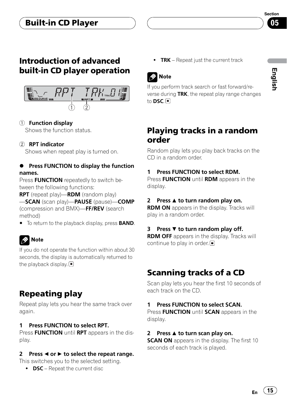 Repeat, Random, Scan | Repeating play, Playing tracks in a random order, Scanning tracks of a cd, Built-in cd player | Pioneer DEH P3700MP User Manual | Page 15 / 51