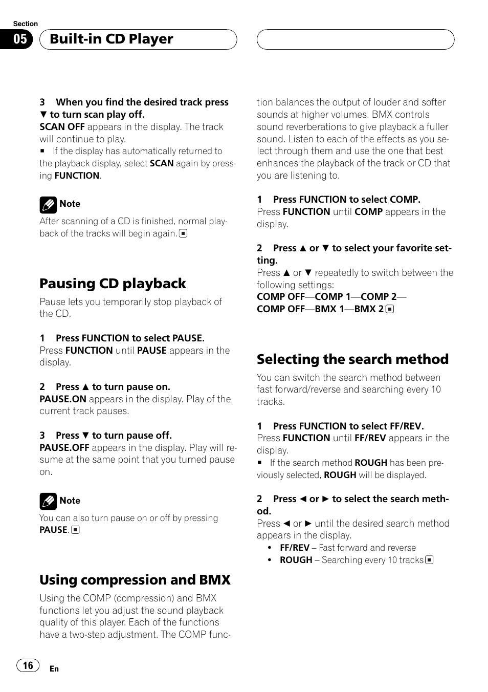 Pause, Compression & bmx, Selecting the search method | Pausing cd playback, Using compression and bmx, Built-in cd player | Pioneer DEH P3700MP User Manual | Page 16 / 51