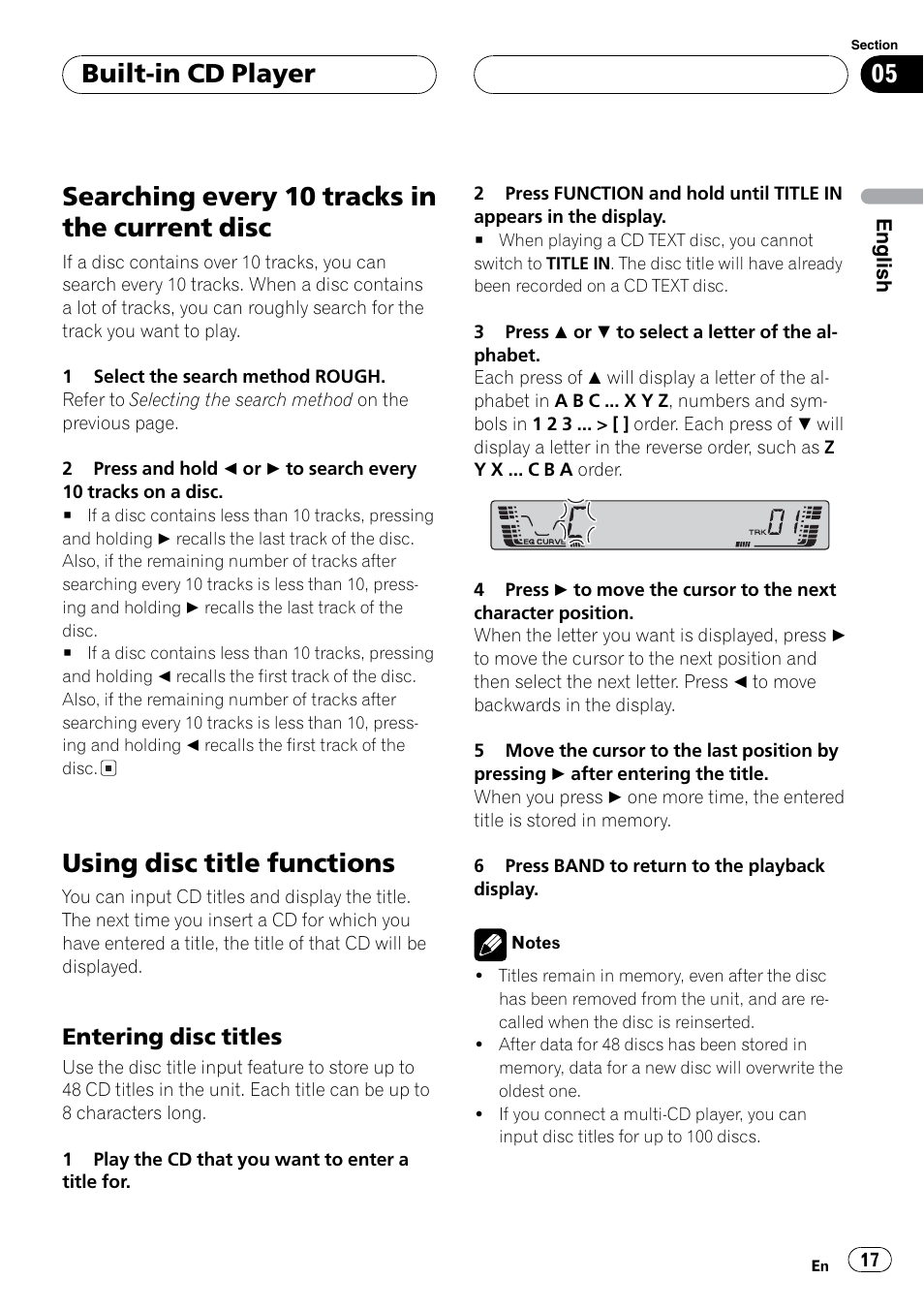 Searching every ten tracks, Disc title functions, Searching every 10 tracks in the current disc | Using disc title functions, Built-in cd player, Entering disc titles | Pioneer DEH P3700MP User Manual | Page 17 / 51