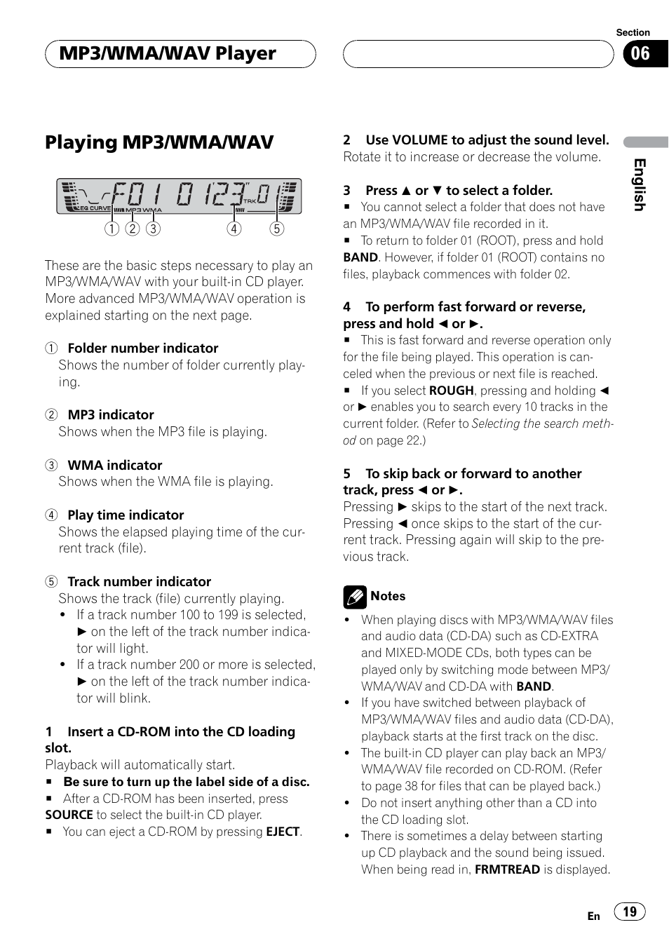 Mp3 / wma / wav operation, Loading a disc, Volume | Folder select, Fast forward / reverse, Track forward / back, Audio format playback notes, Playing mp3/wma/wav, Mp3/wma/wav player | Pioneer DEH P3700MP User Manual | Page 19 / 51