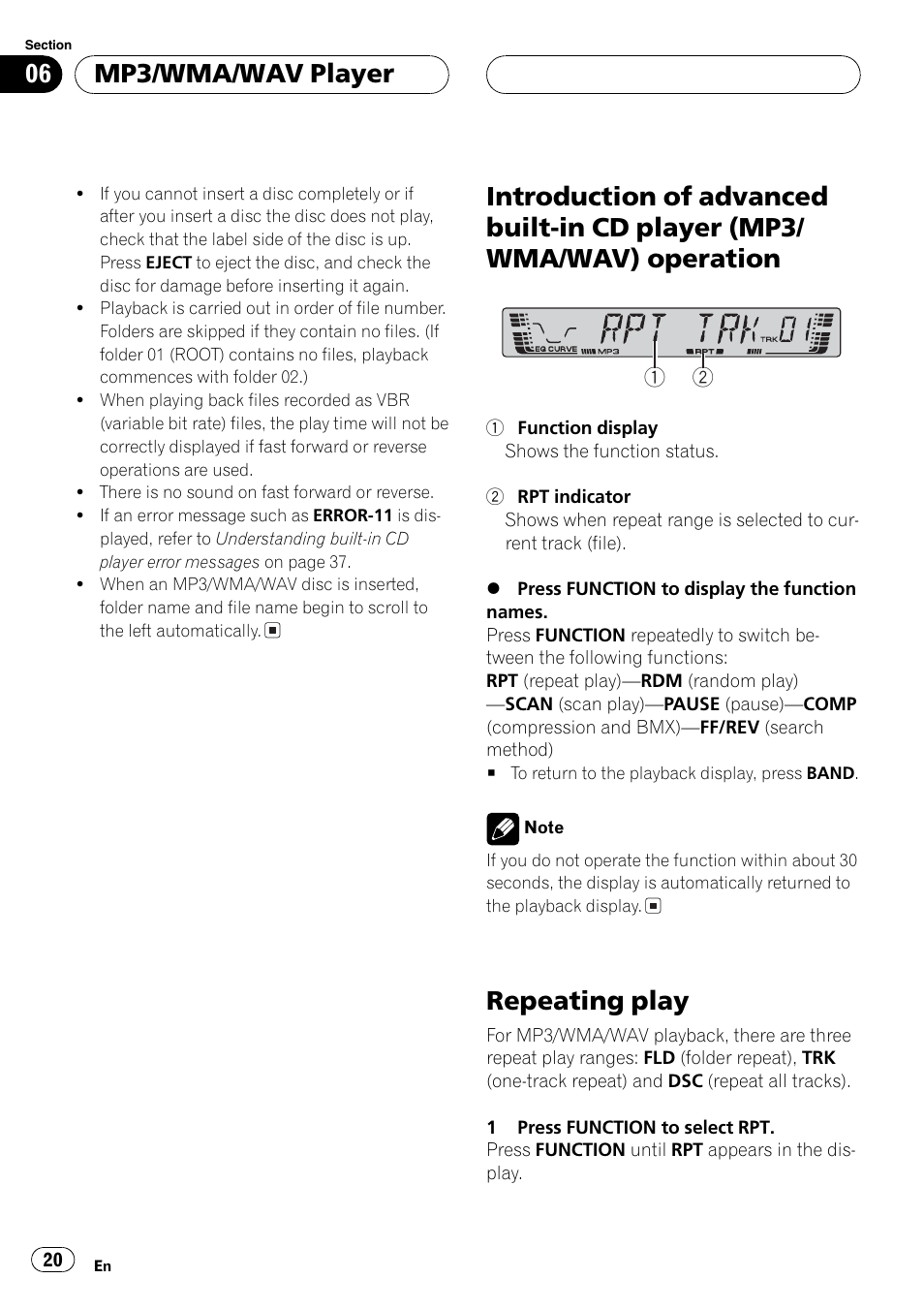 Repeat, Repeating play, Mp3/wma/wav player | Pioneer DEH P3700MP User Manual | Page 20 / 51