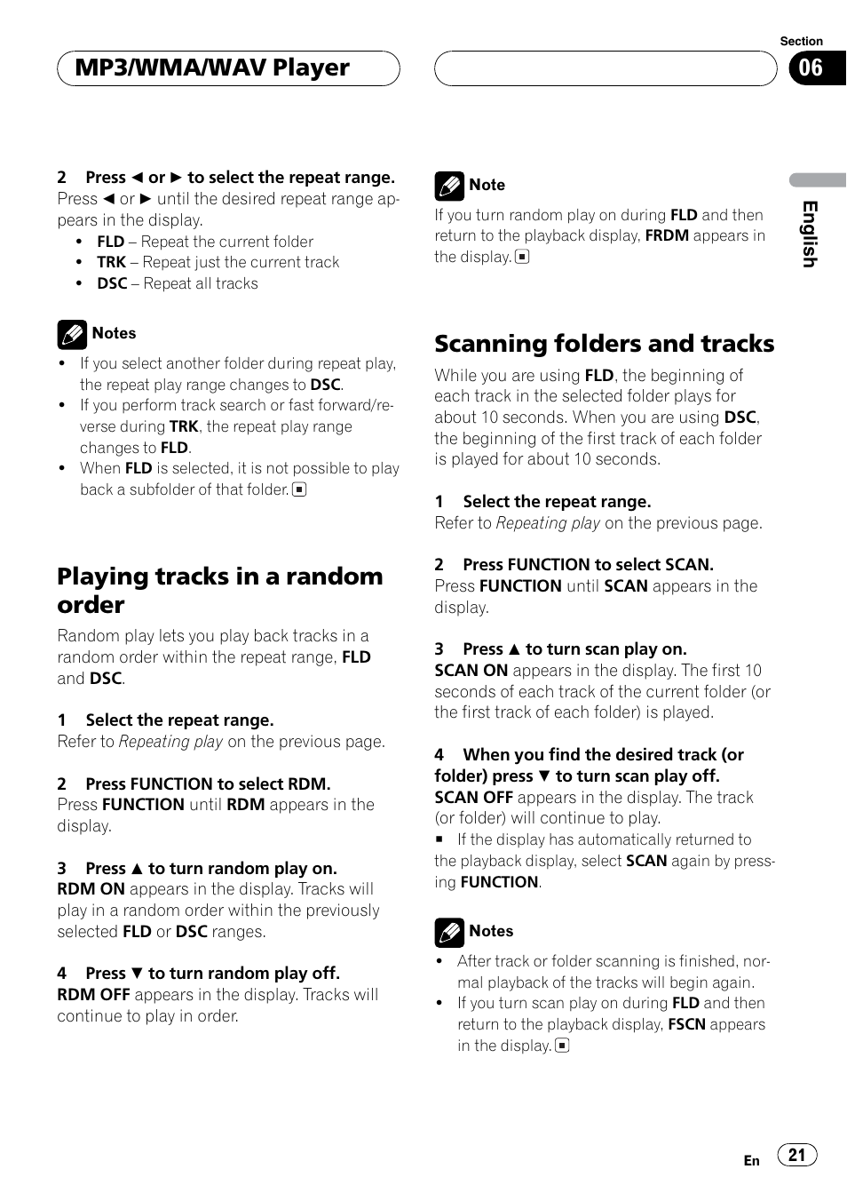 Random, Scan, Playing tracks in a random order | Scanning folders and tracks, Mp3/wma/wav player | Pioneer DEH P3700MP User Manual | Page 21 / 51