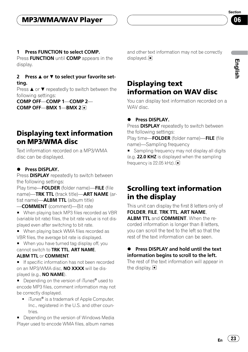 Displaying text, Scrolling text, Displaying text information on mp3/wma disc | Displaying text information on wav disc, Scrolling text information in the display, Mp3/wma/wav player | Pioneer DEH P3700MP User Manual | Page 23 / 51