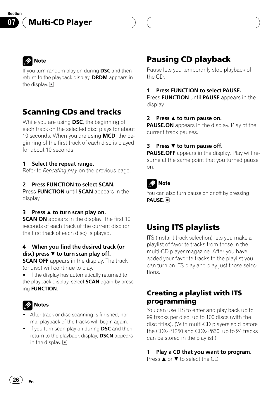 Scan, Pause, Its playlists | Scanning cds and tracks, Pausing cd playback, Using its playlists, Multi-cd player, Creating a playlist with its programming | Pioneer DEH P3700MP User Manual | Page 26 / 51