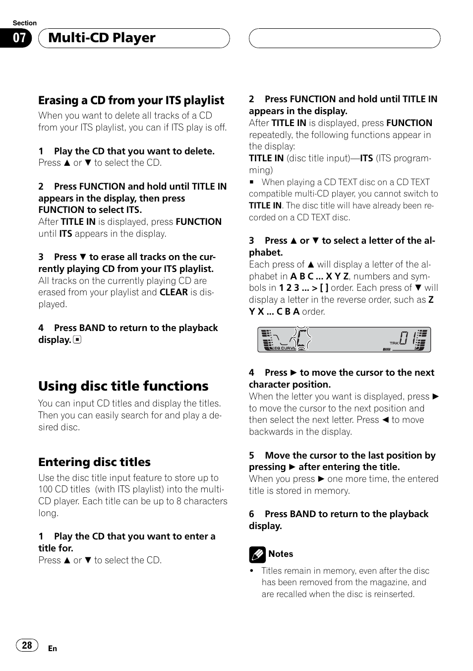 Disc title functions, Using disc title functions, Multi-cd player | Erasing a cd from your its playlist, Entering disc titles | Pioneer DEH P3700MP User Manual | Page 28 / 51