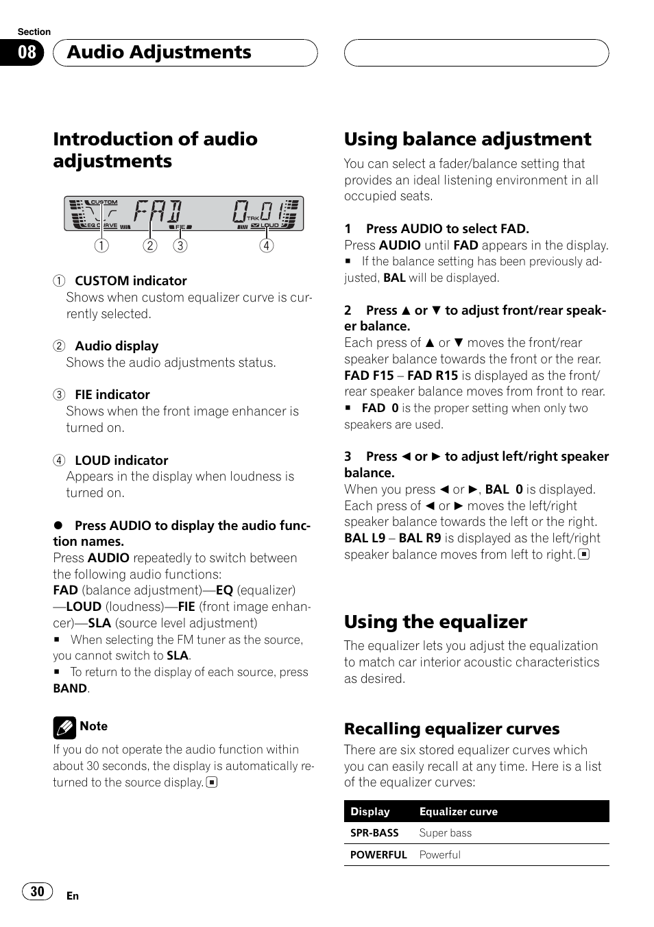 Audio adjustments, Balance / fader, Using the eq | Introduction of audio adjustments, Using balance adjustment, Using the equalizer, Recalling equalizer curves | Pioneer DEH P3700MP User Manual | Page 30 / 51