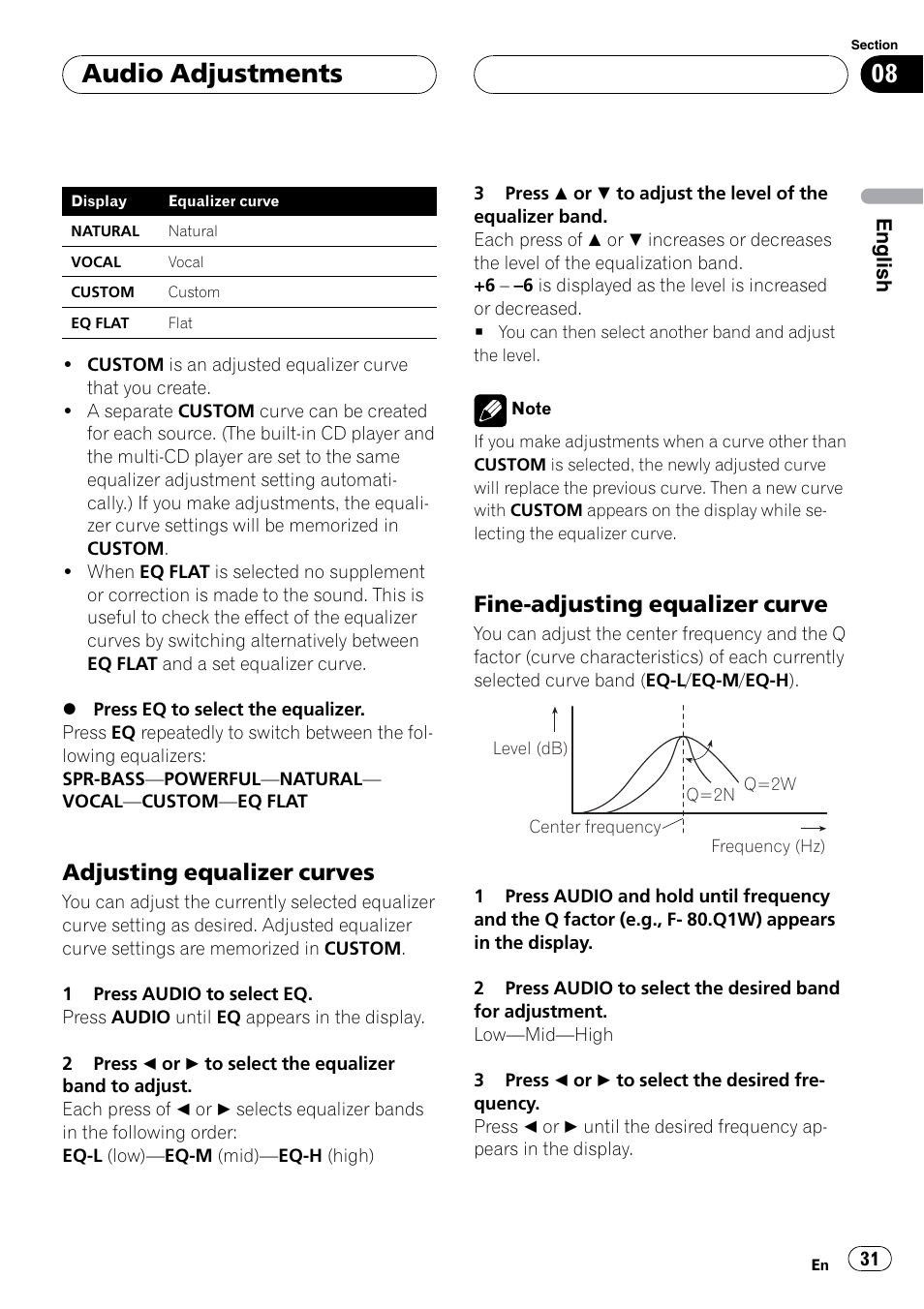Audio adjustments, Adjusting equalizer curves, Fine-adjusting equalizer curve | Pioneer DEH P3700MP User Manual | Page 31 / 51