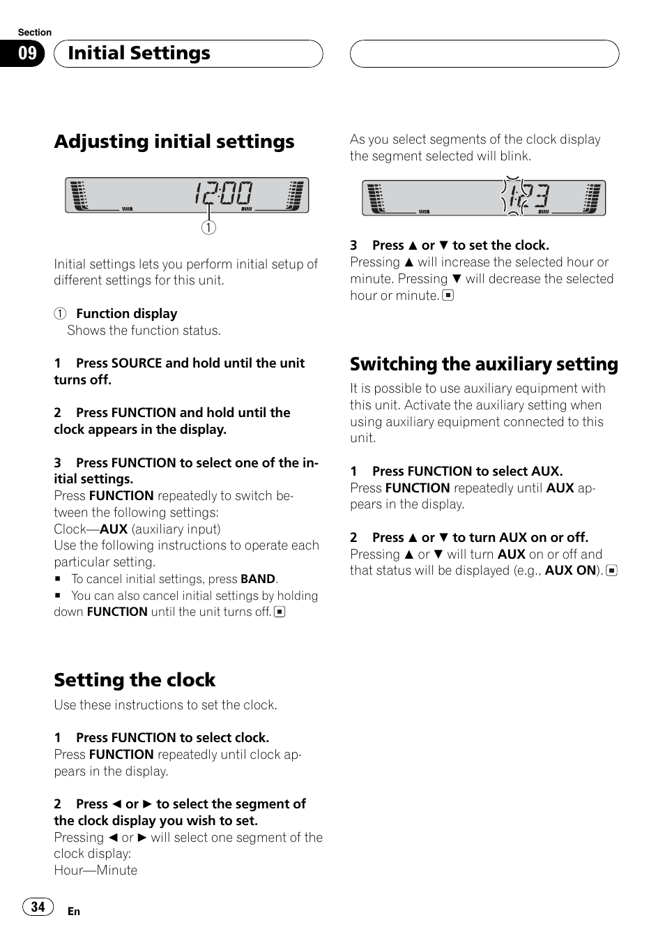 Clock set, Initial settings menu, Navigating the menu | Aux in on / off (adapter required), Adjusting initial settings, Setting the clock, Switching the auxiliary setting, Initial settings | Pioneer DEH P3700MP User Manual | Page 34 / 51