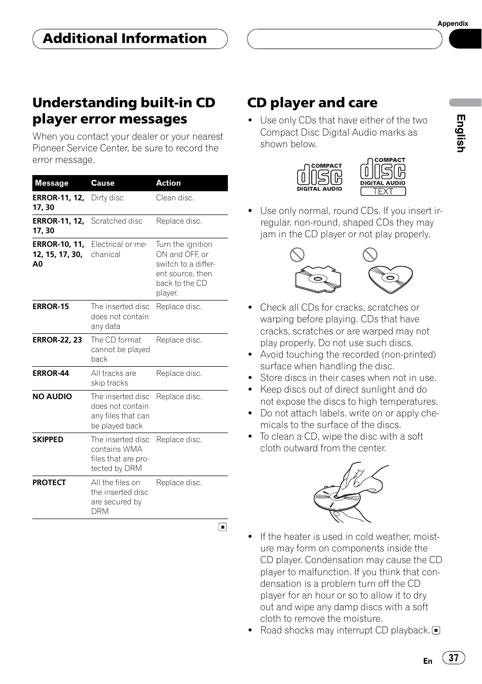 Additional disc / audio format compatibility info, Error messages, Understanding built-in cd player error messages | Cd player and care, Additional information, English | Pioneer DEH P3700MP User Manual | Page 37 / 51