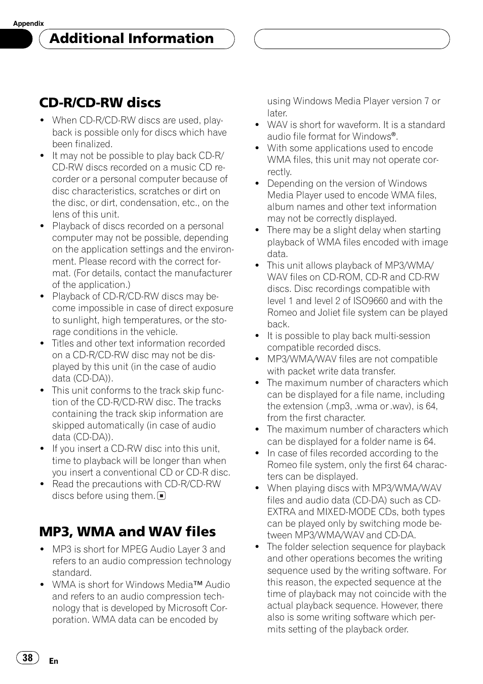 Cd-r/cd-rw discs, Mp3, wma and wav files, Additional information | Pioneer DEH P3700MP User Manual | Page 38 / 51