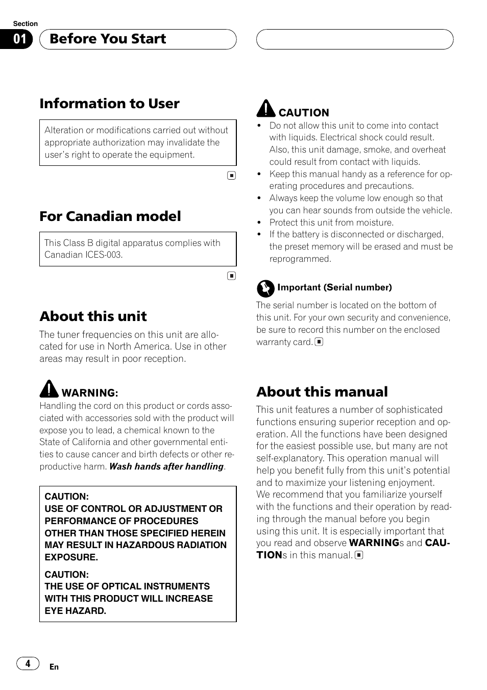 Information to user, For canadian model, About this unit | About this manual, Before you start | Pioneer DEH P3700MP User Manual | Page 4 / 51