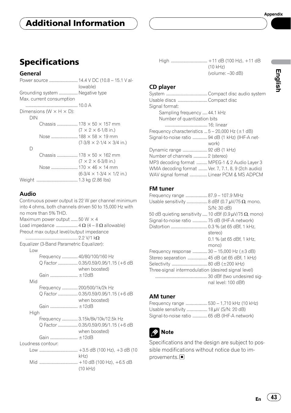 Specs, Specifications, Additional information | English | Pioneer DEH P3700MP User Manual | Page 43 / 51