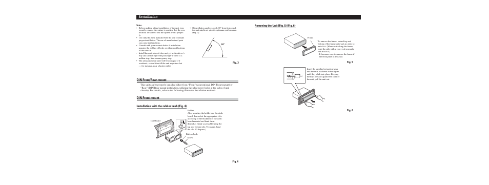 Din mounting, Removing trim ring / unit, Installation | Din front/rear-mount, Din front-mount, Installation with the rubber bush (fig. 4), Removing the unit (fig. 5) (fig. 6) | Pioneer DEH P3700MP User Manual | Page 47 / 51
