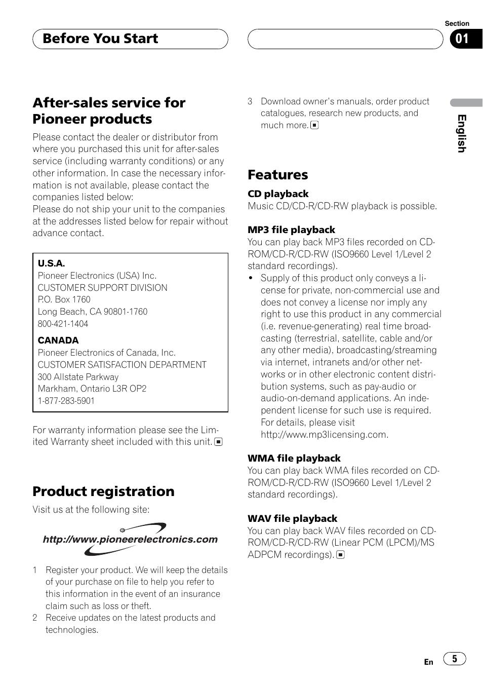 Disc / audio format compatibility, After-sales service for pioneer products, Product registration | Features, Before you start | Pioneer DEH P3700MP User Manual | Page 5 / 51