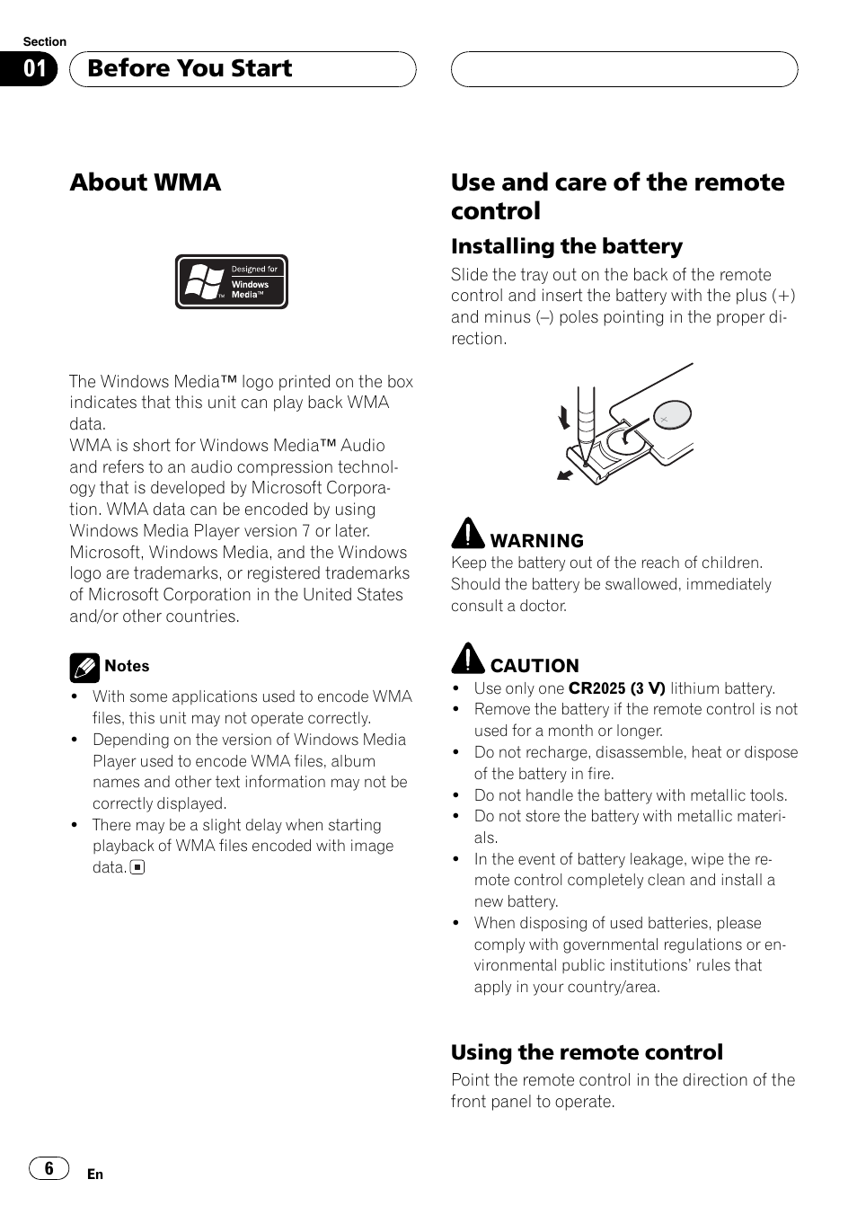 About wma, Use and care of the remote control, Before you start | Installing the battery, Using the remote control | Pioneer DEH P3700MP User Manual | Page 6 / 51