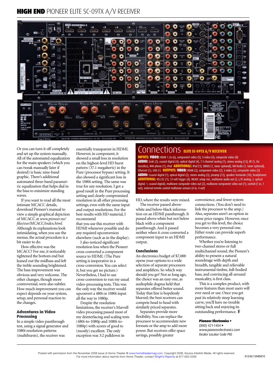 Connections, High end pioneer elite sc-09tx a/v receiver | Pioneer Elite SC-09TX User Manual | Page 4 / 4