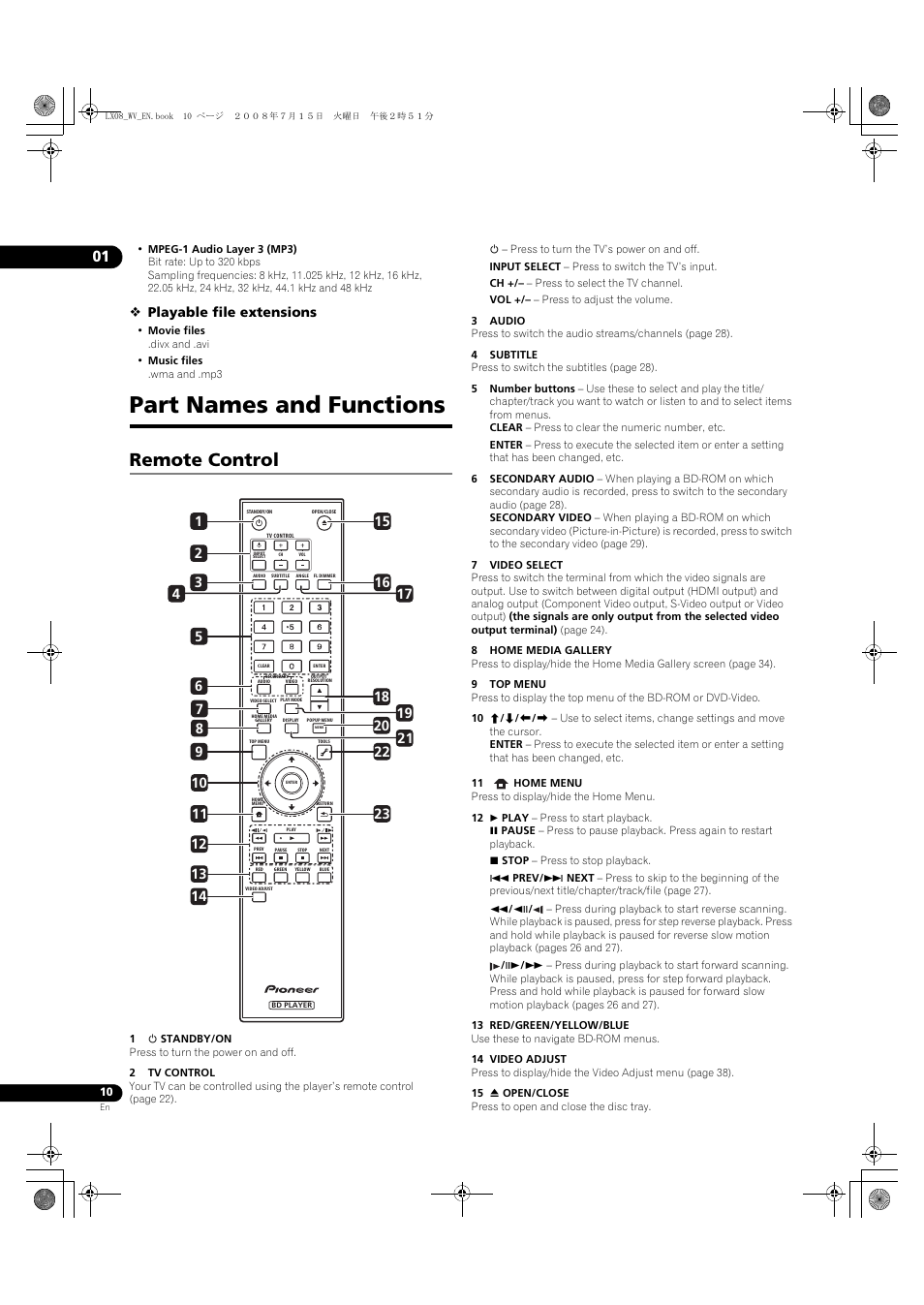Part names and functions, Remote control, Playable file extensions | Pioneer BDP-LX08 User Manual | Page 10 / 72