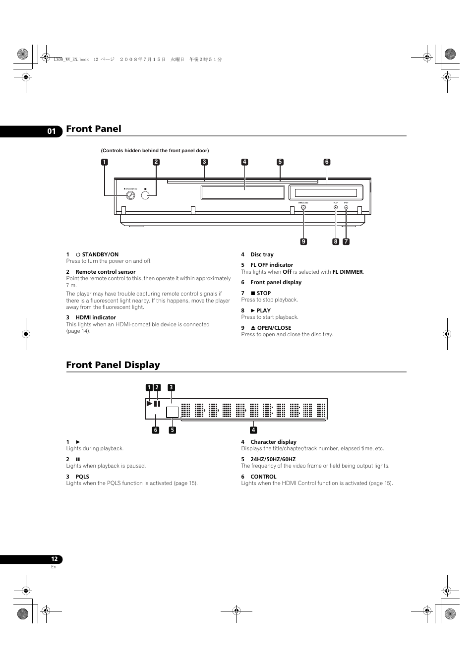 Front panel front panel display, Front panel, Front panel display | Pioneer BDP-LX08 User Manual | Page 12 / 72