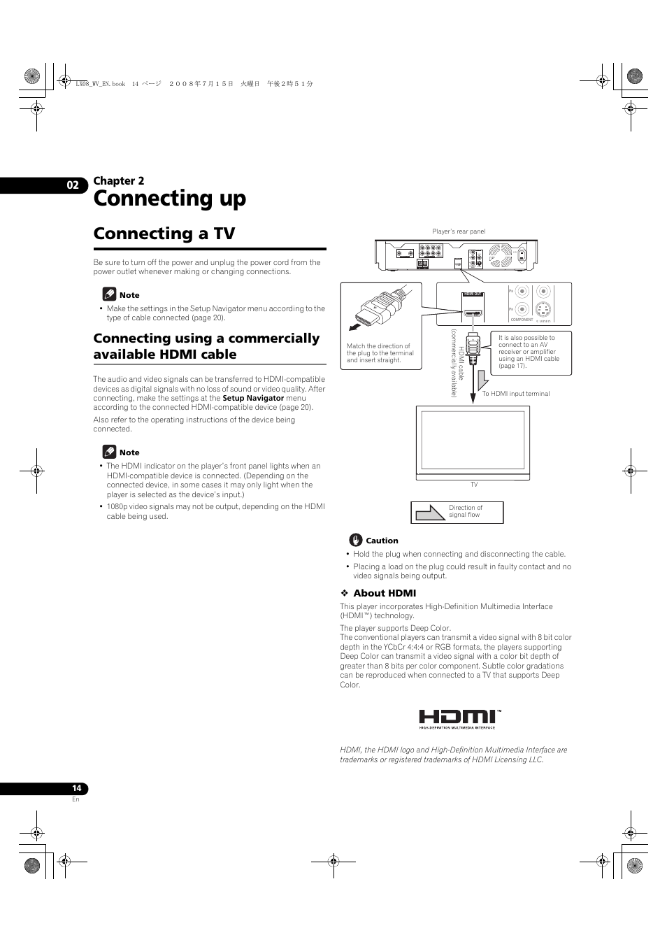 Connecting a tv, Connecting up, Chapter 2 | Pioneer BDP-LX08 User Manual | Page 14 / 72