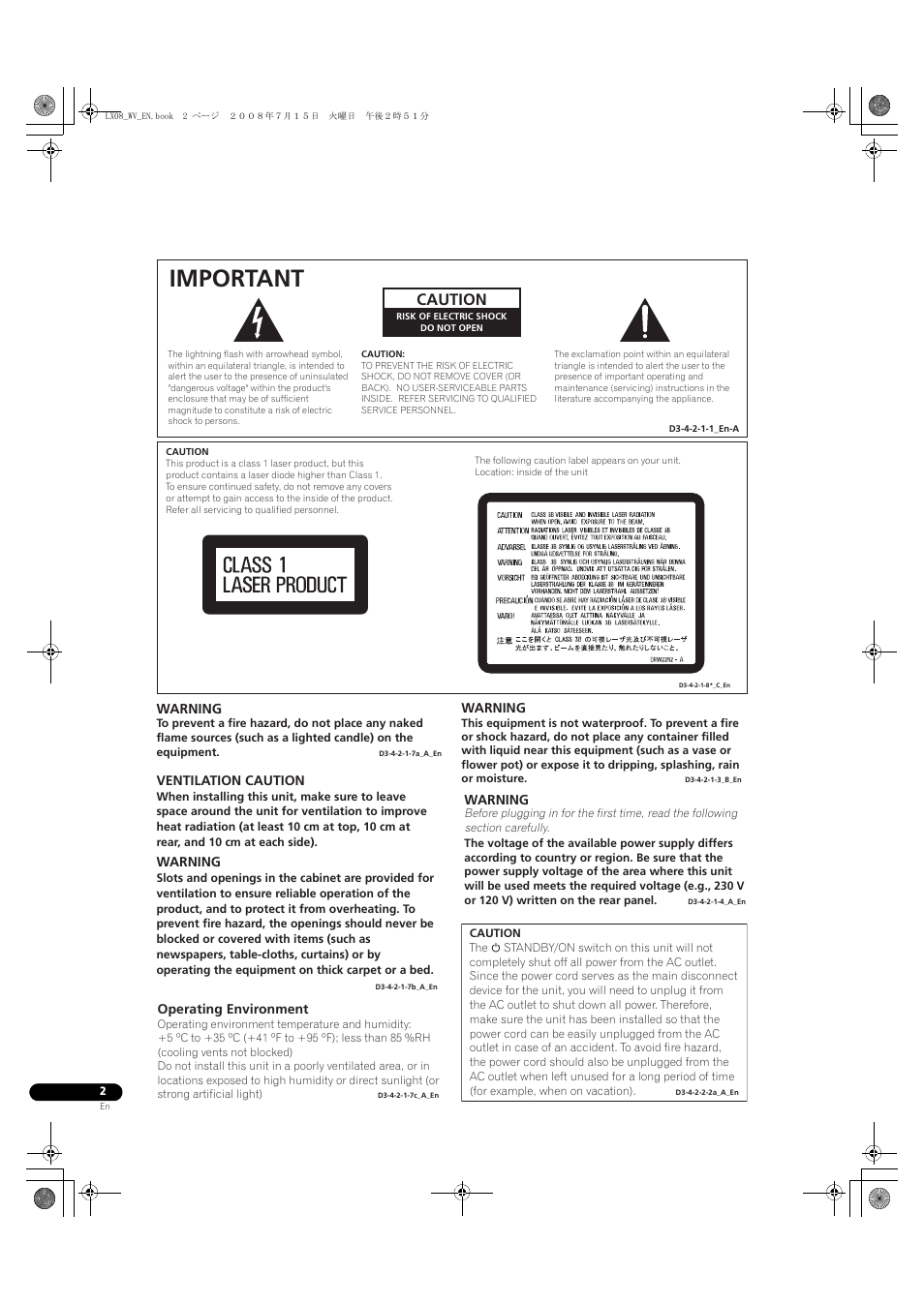 Important, Caution | Pioneer BDP-LX08 User Manual | Page 2 / 72