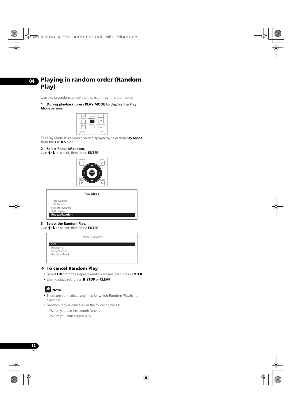 Playing in random order (random play) | Pioneer BDP-LX08 User Manual | Page 32 / 72