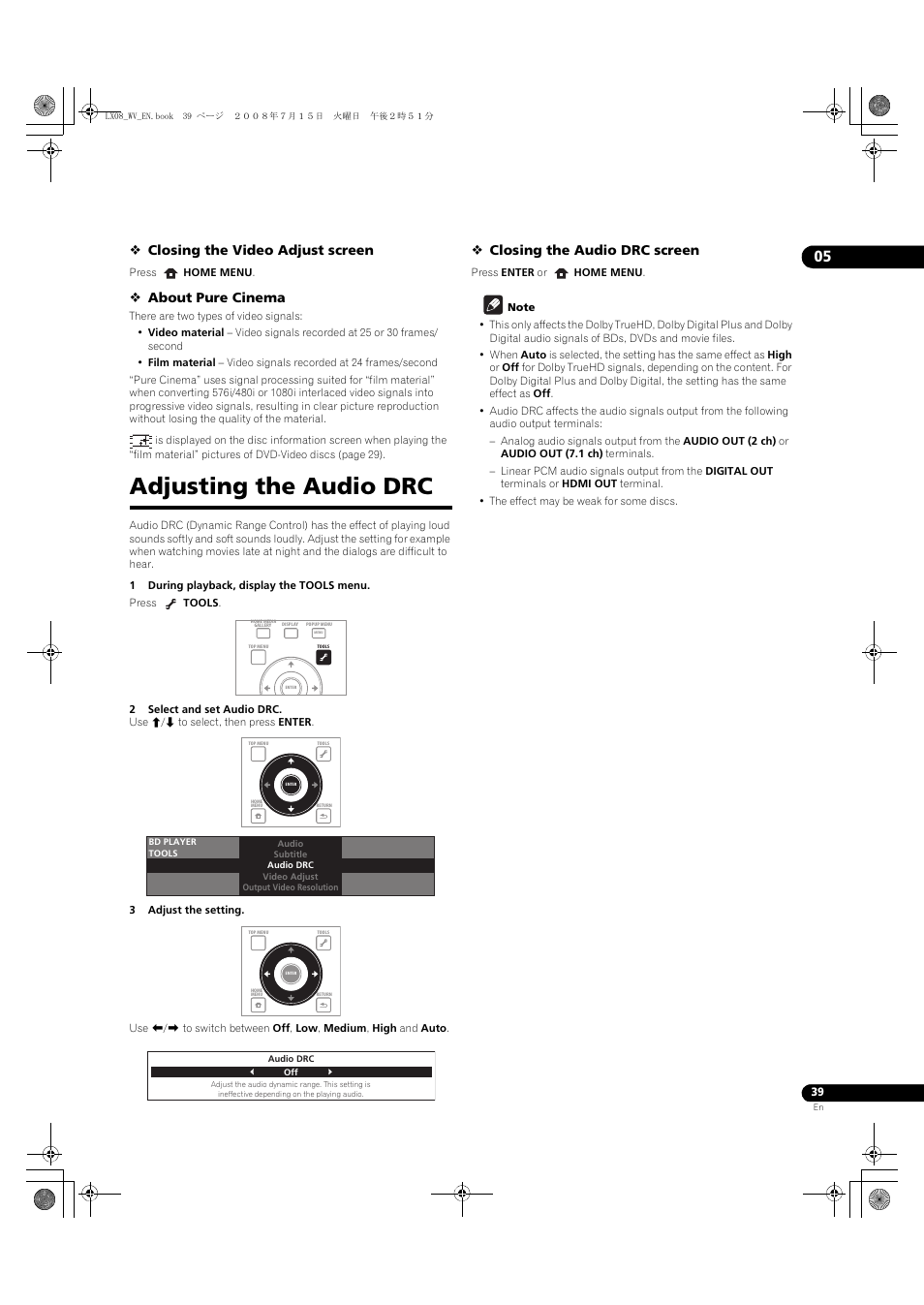 Adjusting the audio drc, Closing the video adjust screen, About pure cinema | Closing the audio drc screen | Pioneer BDP-LX08 User Manual | Page 39 / 72