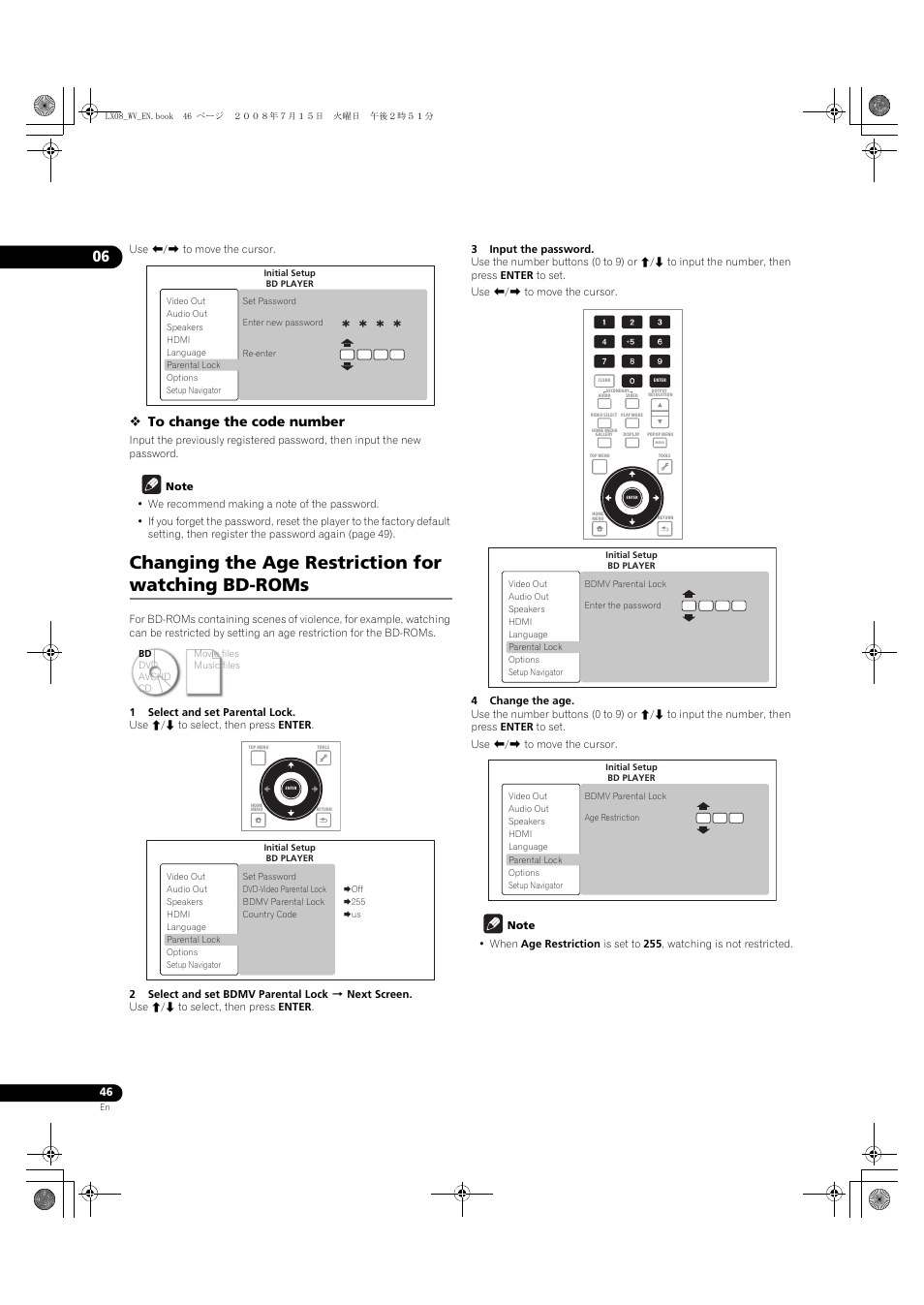 Changing the age restriction for watching bd-roms | Pioneer BDP-LX08 User Manual | Page 46 / 72