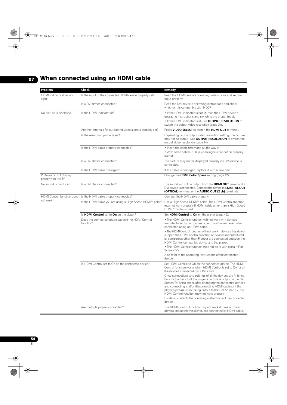 When connected using an hdmi cable | Pioneer BDP-LX08 User Manual | Page 54 / 72