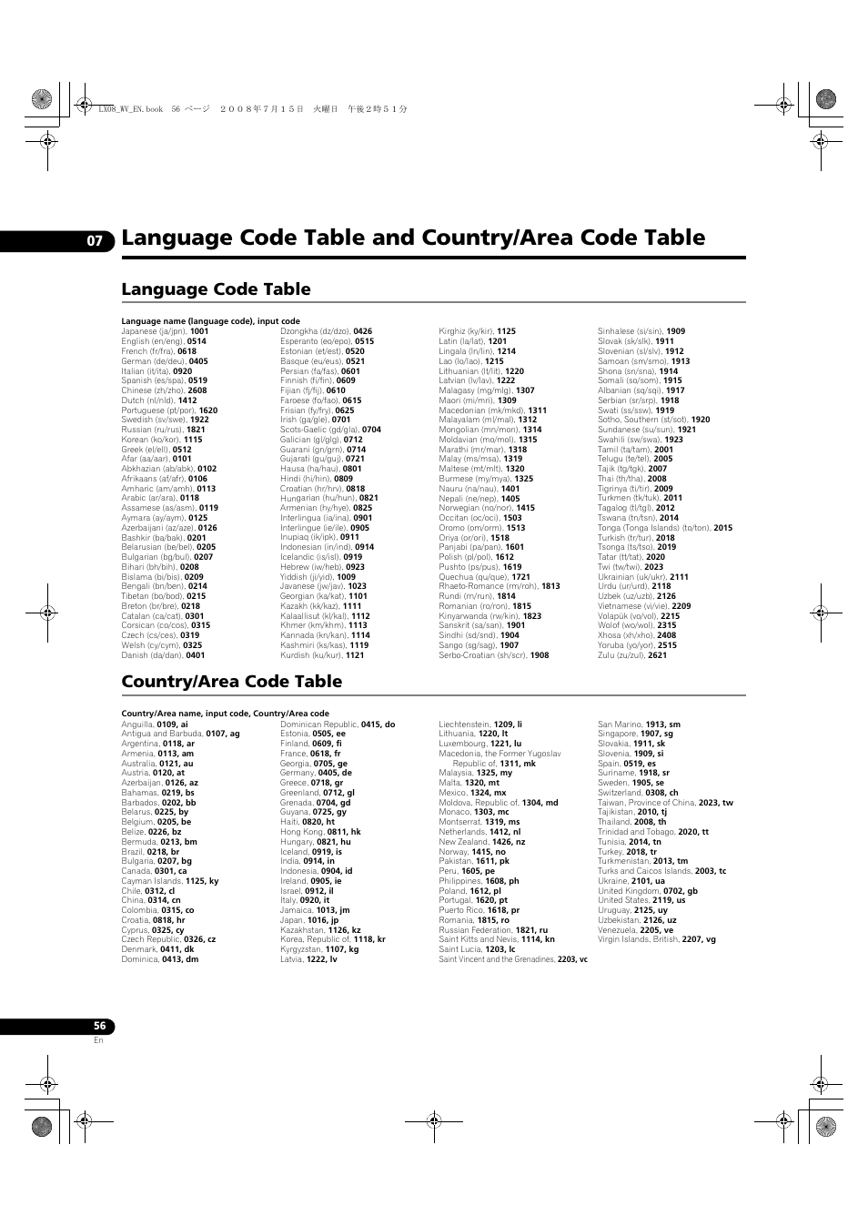 Language code table and country/area code table, Language code table country/area code table, Language code table | Country/area code table | Pioneer BDP-LX08 User Manual | Page 56 / 72