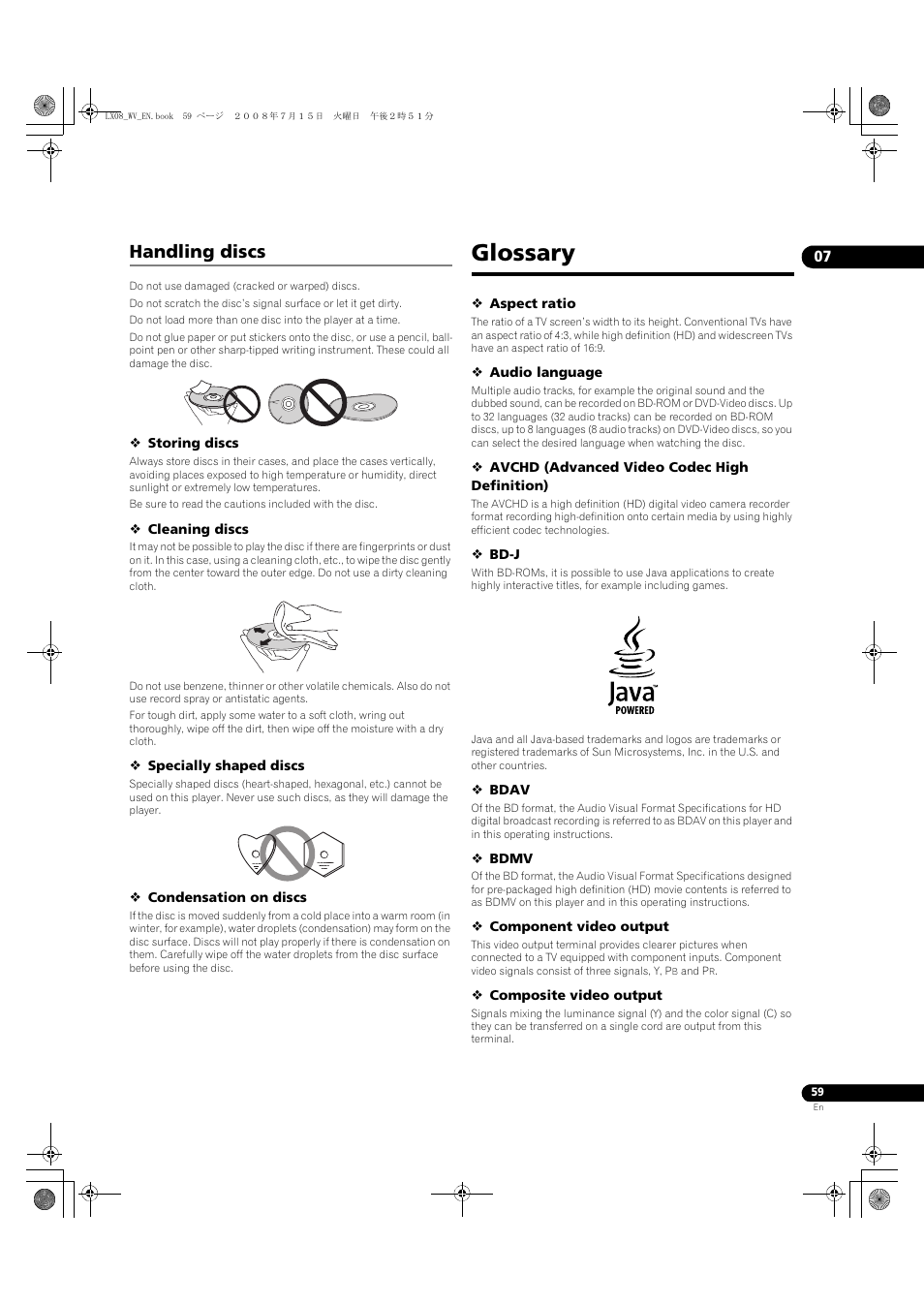 Handling discs, Glossary | Pioneer BDP-LX08 User Manual | Page 59 / 72