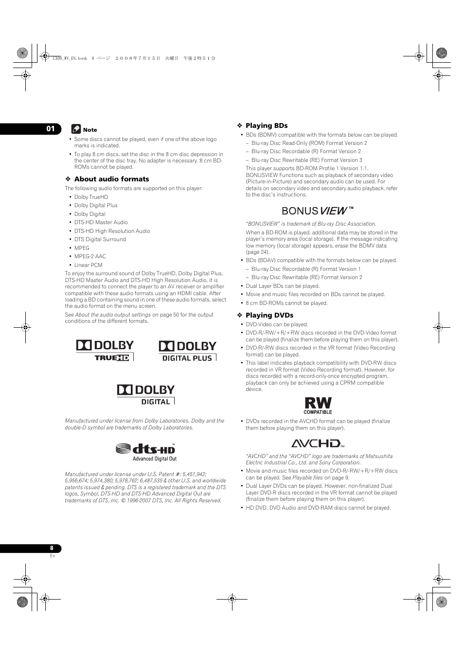 Pioneer BDP-LX08 User Manual | Page 8 / 72