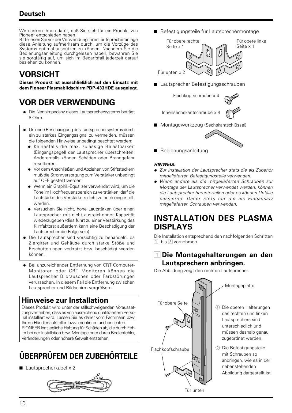 Installation des plasma displays, Vorsicht überprüfem der zubehörteile, Vor der verwendung | Hinweise zur installation, Deutsch | Pioneer PDP-S09LR User Manual | Page 10 / 28