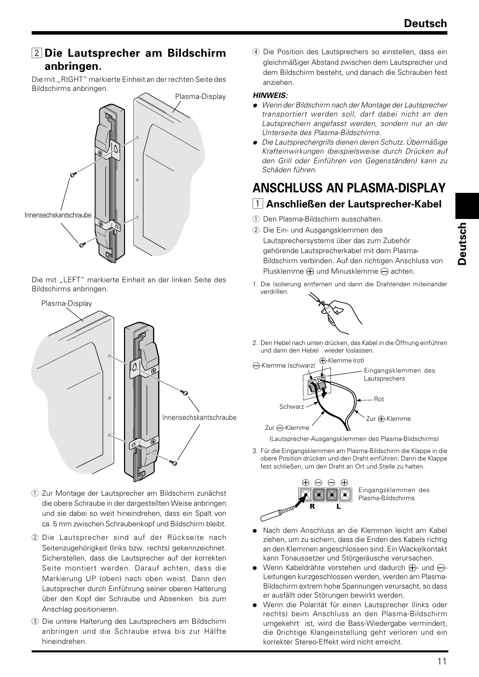 Anschluss an plasma-display, Deutsch, 2 die lautsprecher am bildschirm anbringen | Anschließen der lautsprecher-kabel | Pioneer PDP-S09LR User Manual | Page 11 / 28