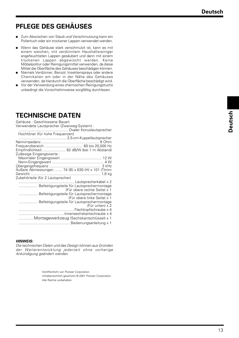 Technische daten, Pflege des gehäuses, Deutsch | Pioneer PDP-S09LR User Manual | Page 13 / 28