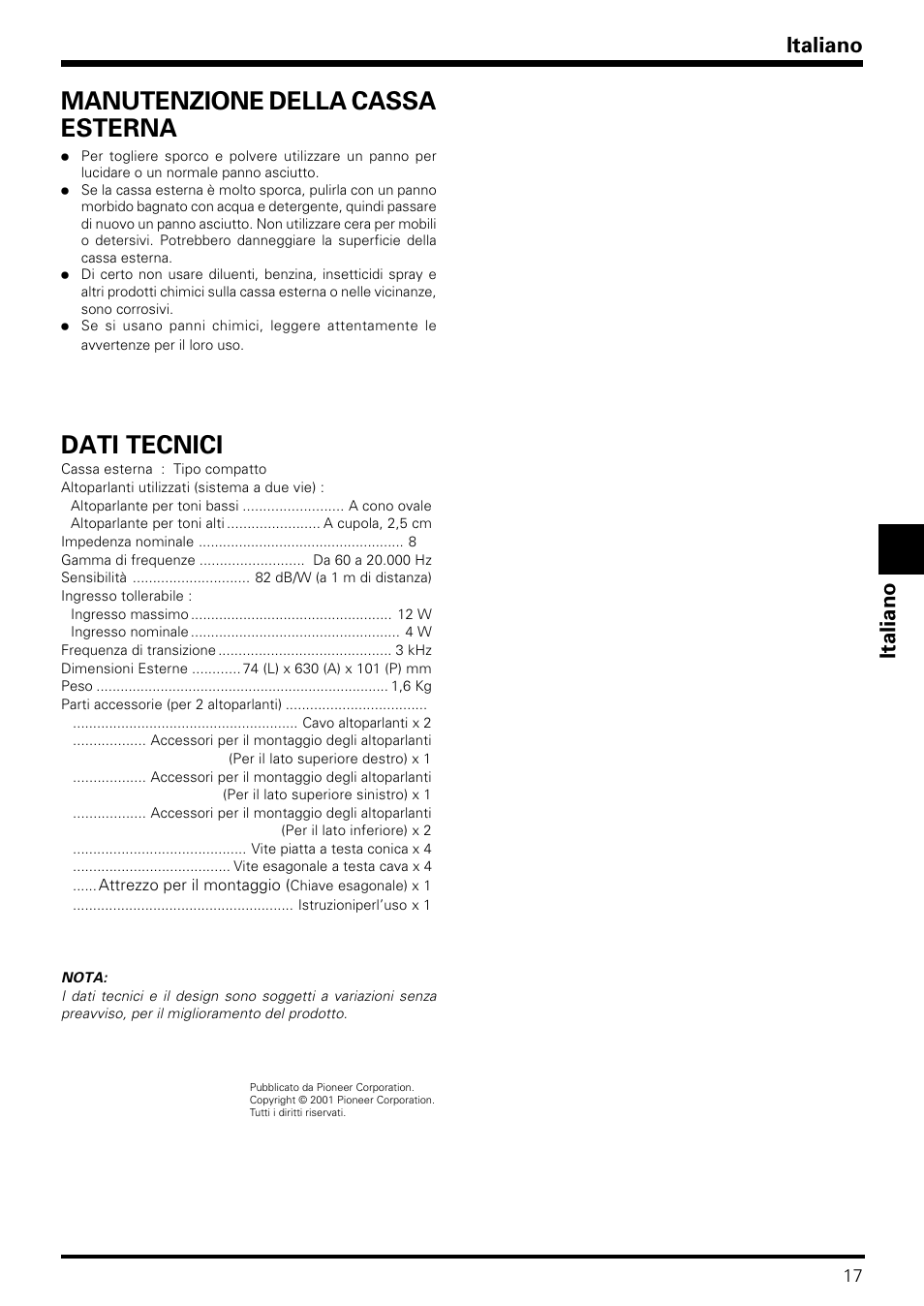 Dati tecnici, Manutenzione della cassa esterna, Italiano | Pioneer PDP-S09LR User Manual | Page 17 / 28