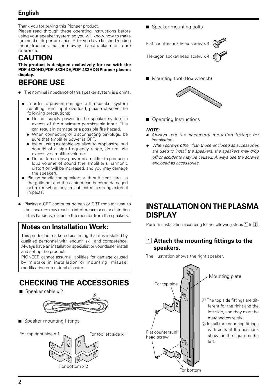 Checking the accessories, Before use, Installation on the plasma display | Caution, English, 1 attach the mounting fittings to the speakers | Pioneer PDP-S09LR User Manual | Page 2 / 28