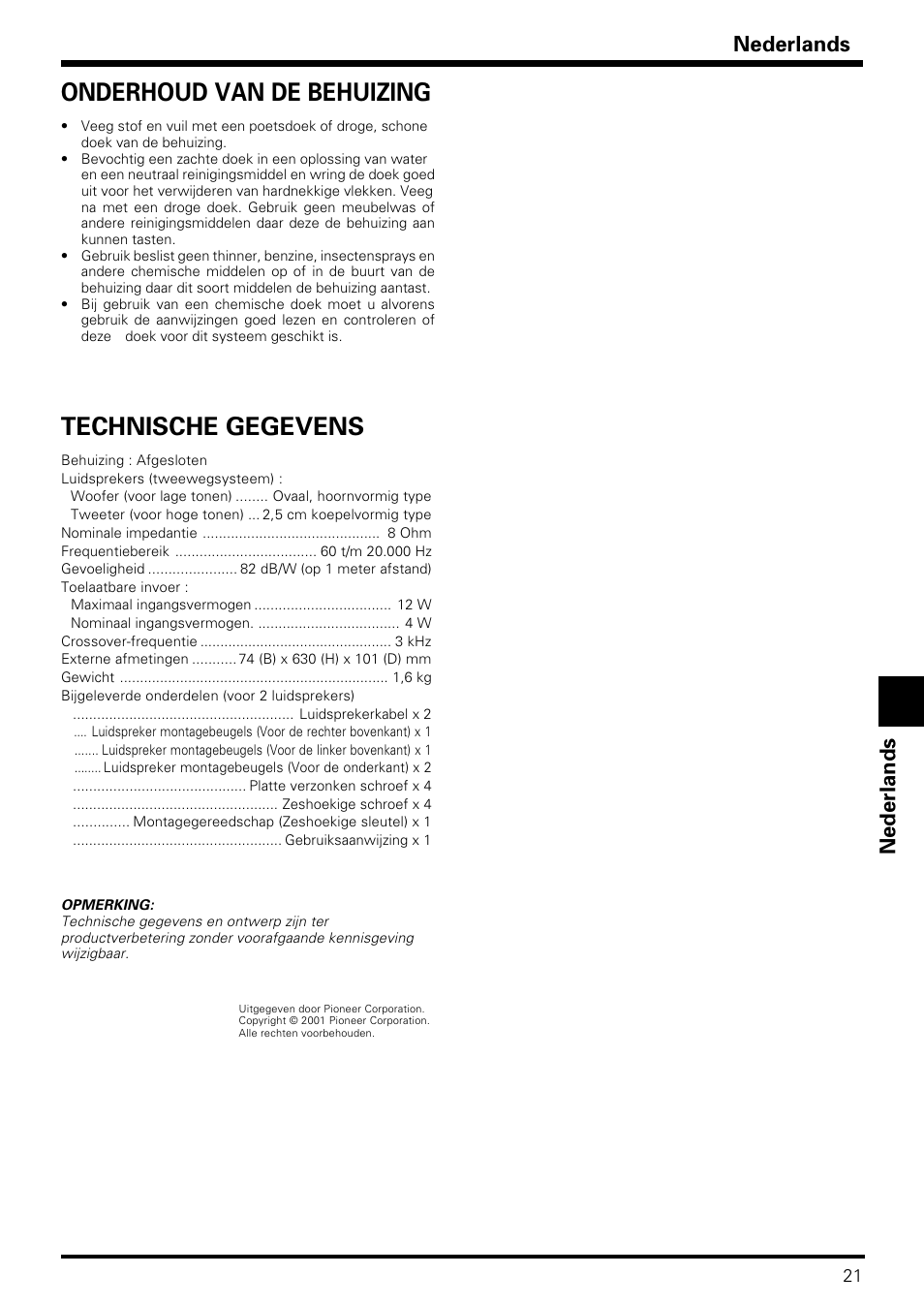 Technische gegevens, Onderhoud van de behuizing, Nederlands | Pioneer PDP-S09LR User Manual | Page 21 / 28