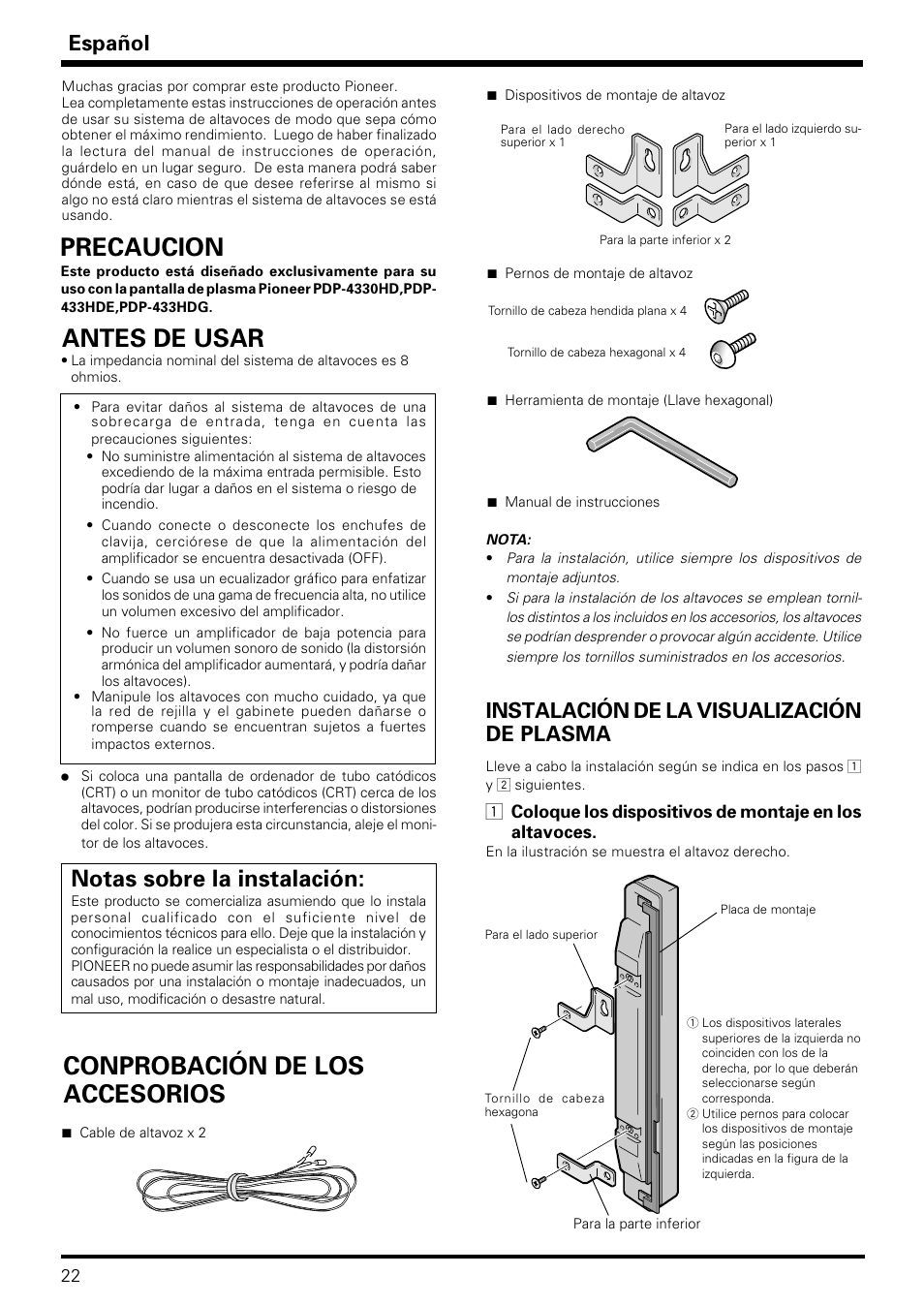 Conprobación de los accesorios, Precaucion, Antes de usar | Notas sobre la instalación, Español instalación de la visualización de plasma | Pioneer PDP-S09LR User Manual | Page 22 / 28