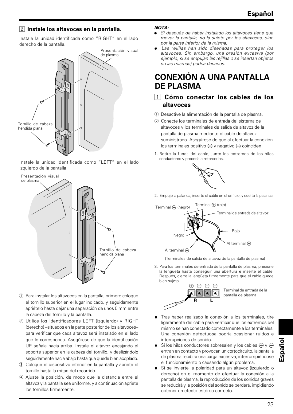 Conexión a una pantalla de plasma, Espa ñ ol español, Cómo conectar los cables de los altavoces | 2 instale los altavoces en la pantalla | Pioneer PDP-S09LR User Manual | Page 23 / 28