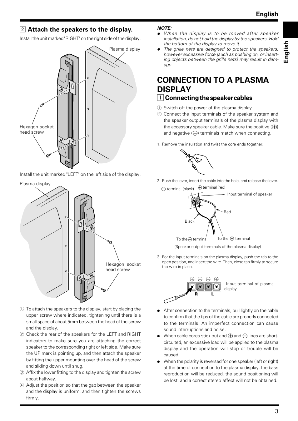 Connection to a plasma display, English, 2 attach the speakers to the display | Connecting the speaker cables | Pioneer PDP-S09LR User Manual | Page 3 / 28