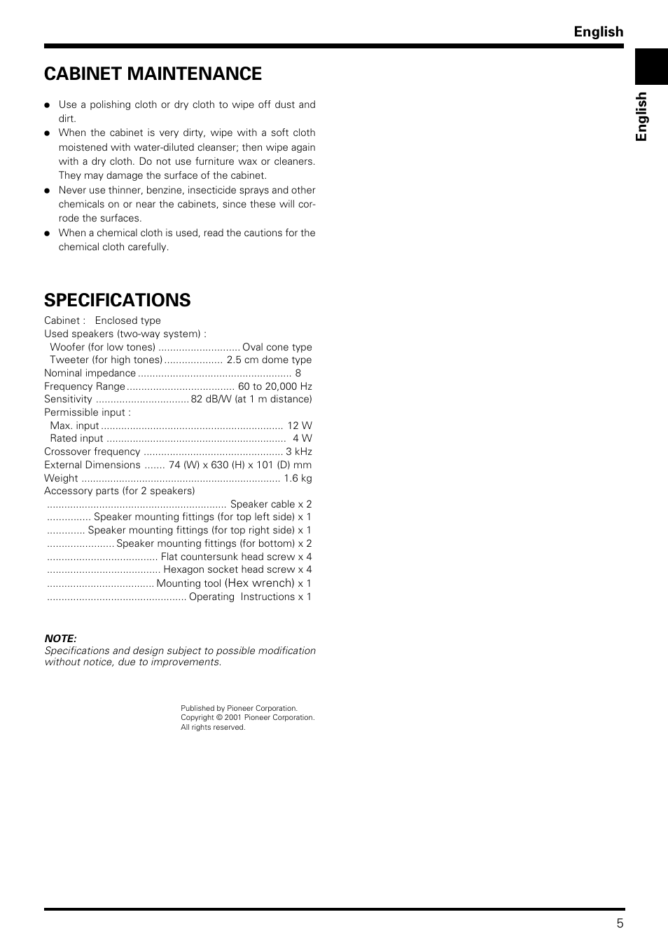 Specifications, Cabinet maintenance, English | Pioneer PDP-S09LR User Manual | Page 5 / 28