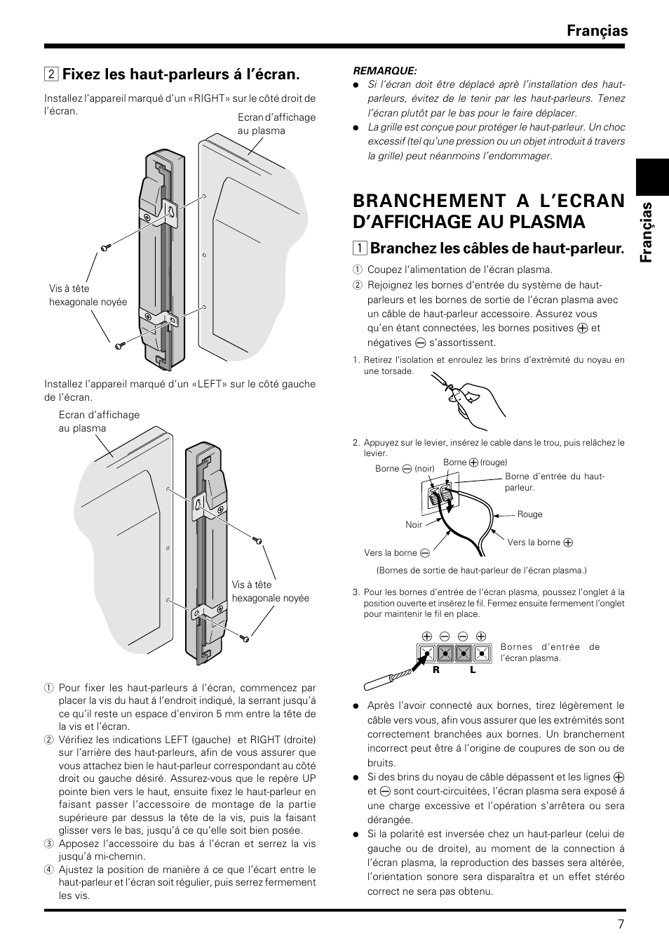 Branchement a l’ecran d’affichage au plasma, Françias fran ç ias, 2 fixez les haut-parleurs á l’écran | 1 branchez les câbles de haut-parleur | Pioneer PDP-S09LR User Manual | Page 7 / 28