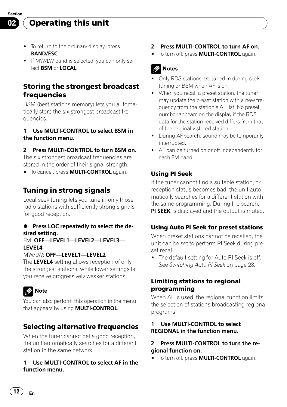 Storing the strongest broadcast, Frequencies, Tuning in strong signals 12 | Selecting alternative frequencies 12, Operating this unit, Storing the strongest broadcast frequencies, Tuning in strong signals, Selecting alternative frequencies | Pioneer DEH-50UB  EN User Manual | Page 12 / 77